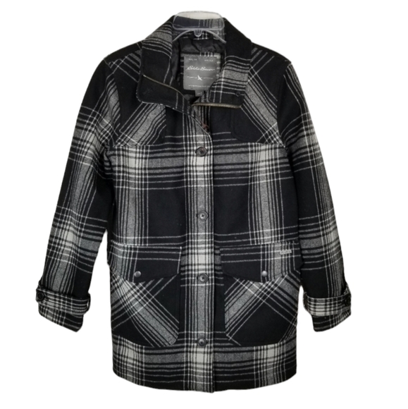 Eddie Bauer Womens Wool Plaid Full Zip Button Car Coat Jacket Black Gray Small - Picture 1 of 12